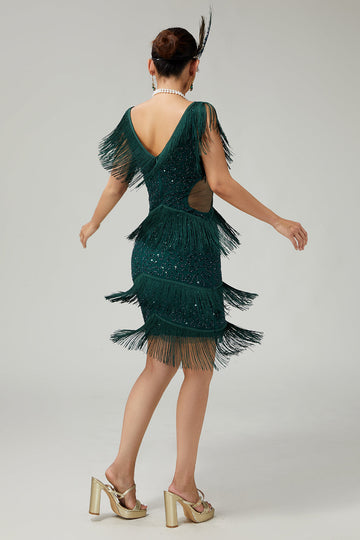 Dark Green Sequin Bodycon Tiered Fringed 1920s Dress with With 5-Piece Accessories Set